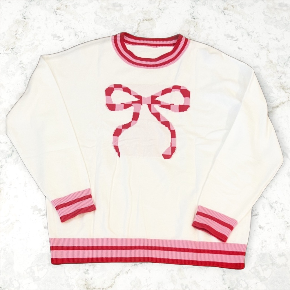 Women's Pink and White Sweater with Bow Design